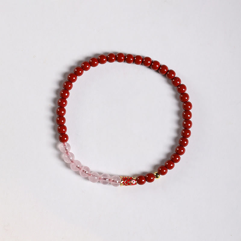 Natural Cinnabar Pink Crystal Strawberry Quartz Lucky Koi Fish Blessing Bracelet