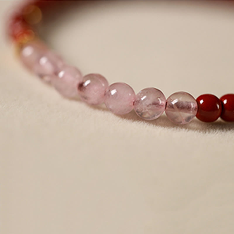 Natural Cinnabar Pink Crystal Strawberry Quartz Lucky Koi Fish Blessing Bracelet