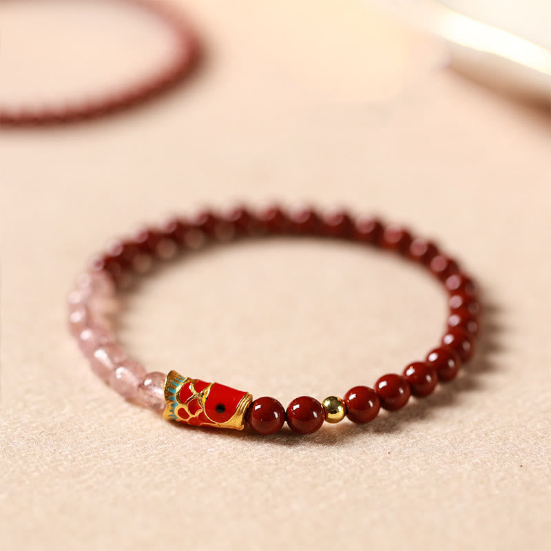 Natural Cinnabar Pink Crystal Strawberry Quartz Lucky Koi Fish Blessing Bracelet