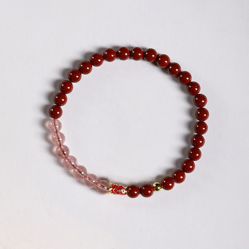 Natural Cinnabar Pink Crystal Strawberry Quartz Lucky Koi Fish Blessing Bracelet