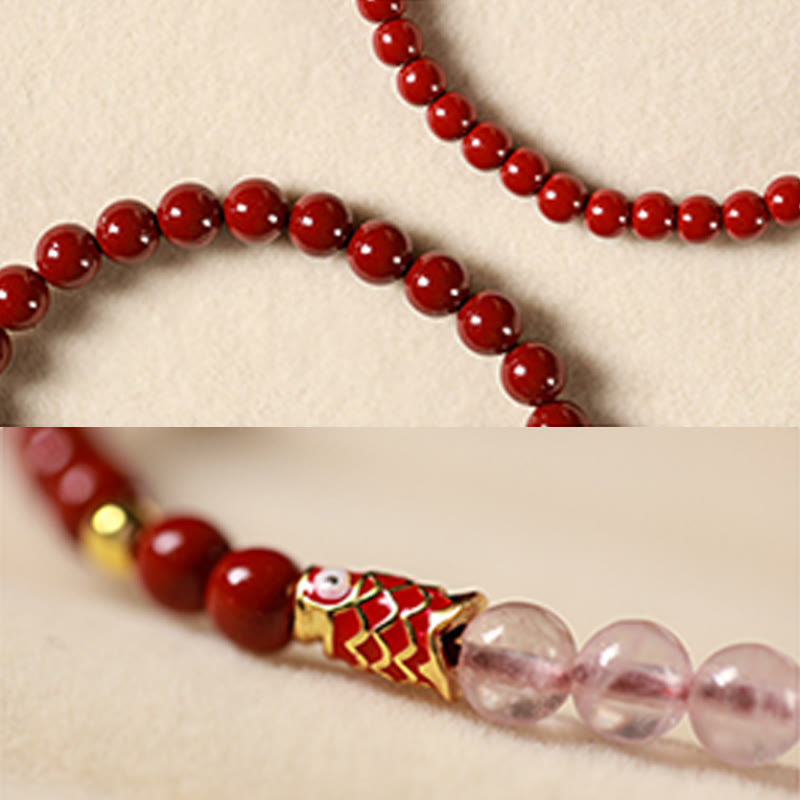 Natural Cinnabar Pink Crystal Strawberry Quartz Lucky Koi Fish Blessing Bracelet