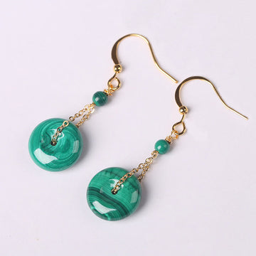 Natural Malachite Ping An Kou Peace Buckle Copper Stud Earrings