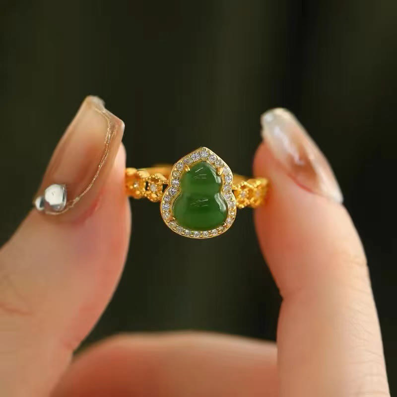 Vintage Gourd Green Chalcedony Copper Plated Gold Adjustable Wealth Ring