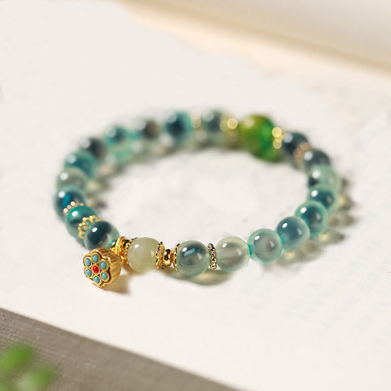 Vibrant Candy Agate Beaded Bracelet with Golden Lotus Pod Charm