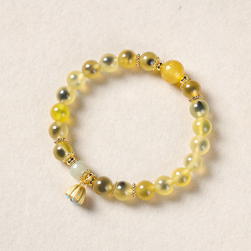 Vibrant Candy Agate Beaded Bracelet with Golden Lotus Pod Charm