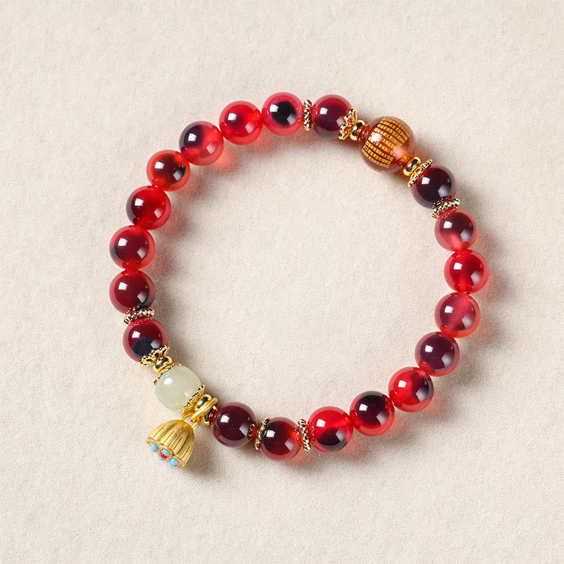 Vibrant Candy Agate Beaded Bracelet with Golden Lotus Pod Charm