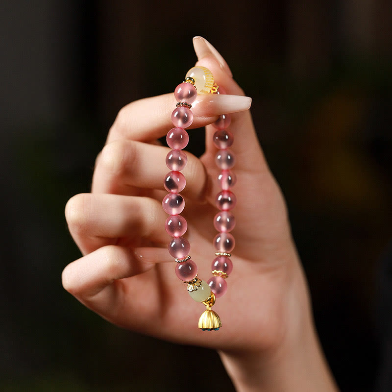 Vibrant Candy Agate Beaded Bracelet with Golden Lotus Pod Charm