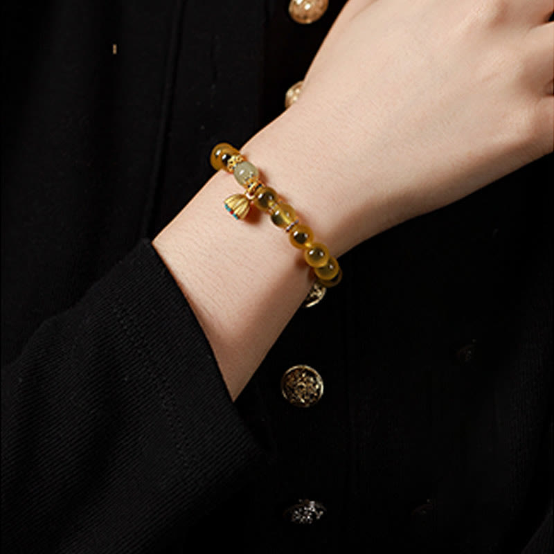 Vibrant Candy Agate Beaded Bracelet with Golden Lotus Pod Charm