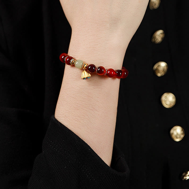 Vibrant Candy Agate Beaded Bracelet with Golden Lotus Pod Charm
