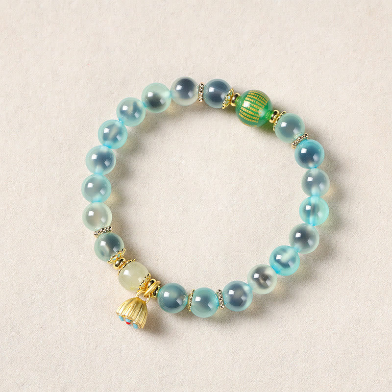 Vibrant Candy Agate Beaded Bracelet with Golden Lotus Pod Charm