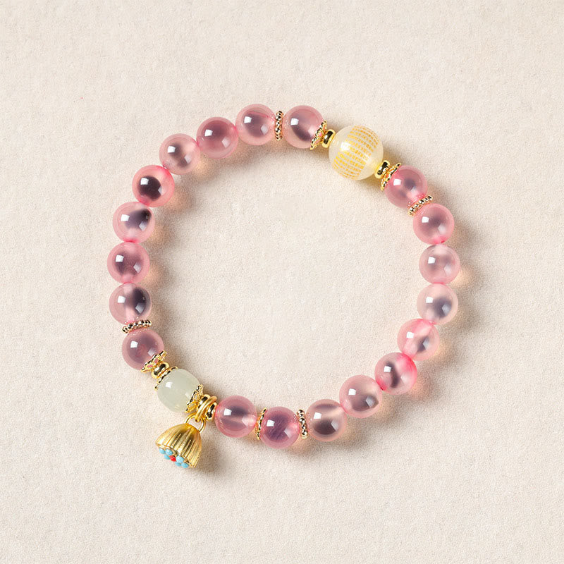 Vibrant Candy Agate Beaded Bracelet with Golden Lotus Pod Charm