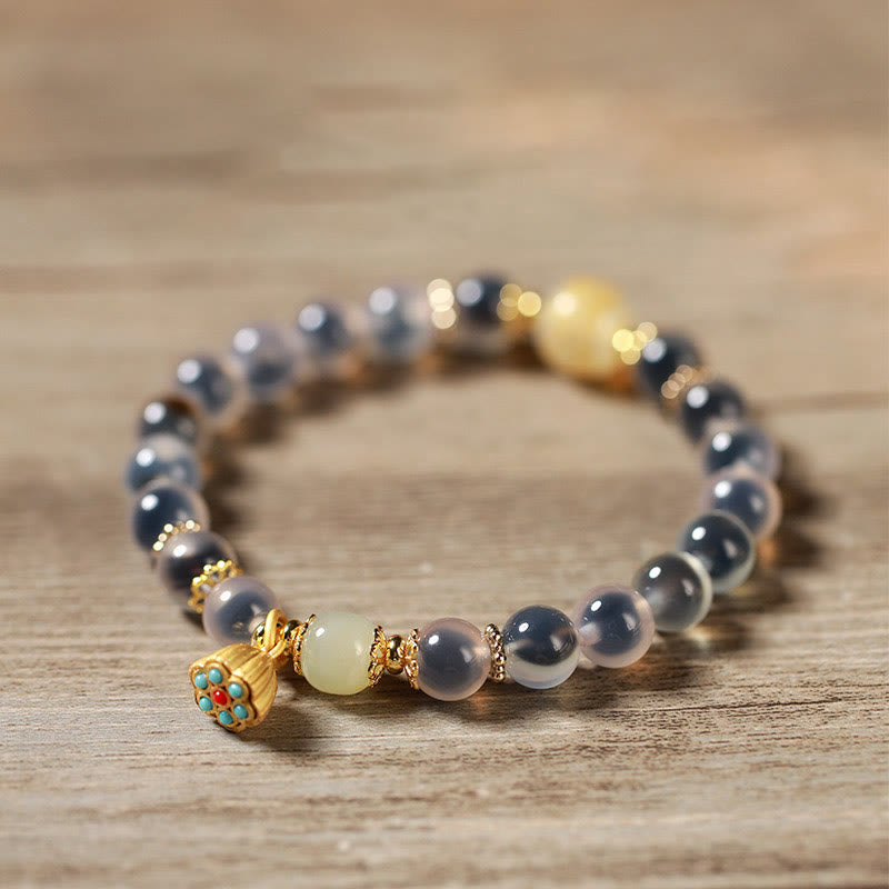 Vibrant Candy Agate Beaded Bracelet with Golden Lotus Pod Charm