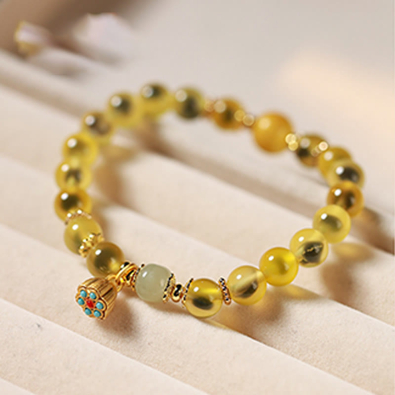 Vibrant Candy Agate Beaded Bracelet with Golden Lotus Pod Charm