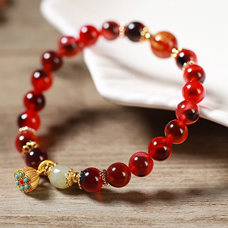 Vibrant Candy Agate Beaded Bracelet with Golden Lotus Pod Charm