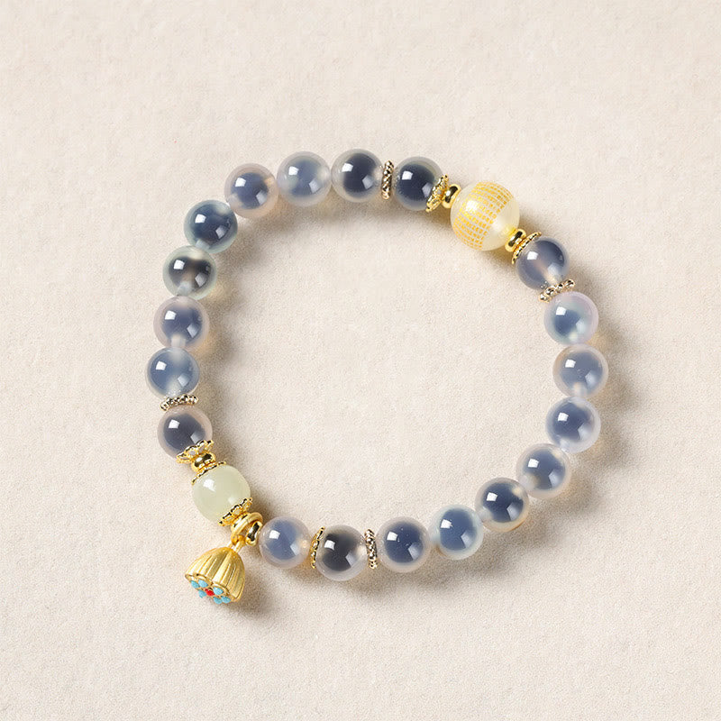 Vibrant Candy Agate Beaded Bracelet with Golden Lotus Pod Charm