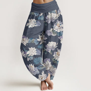 Cotton Lotus Print Harem Pants for Mindful Movement