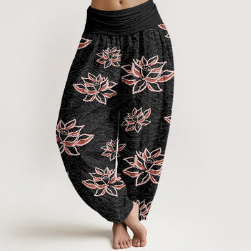 Cotton Casual Lotus Line Pattern Women's Elastic Waist Harem Pants