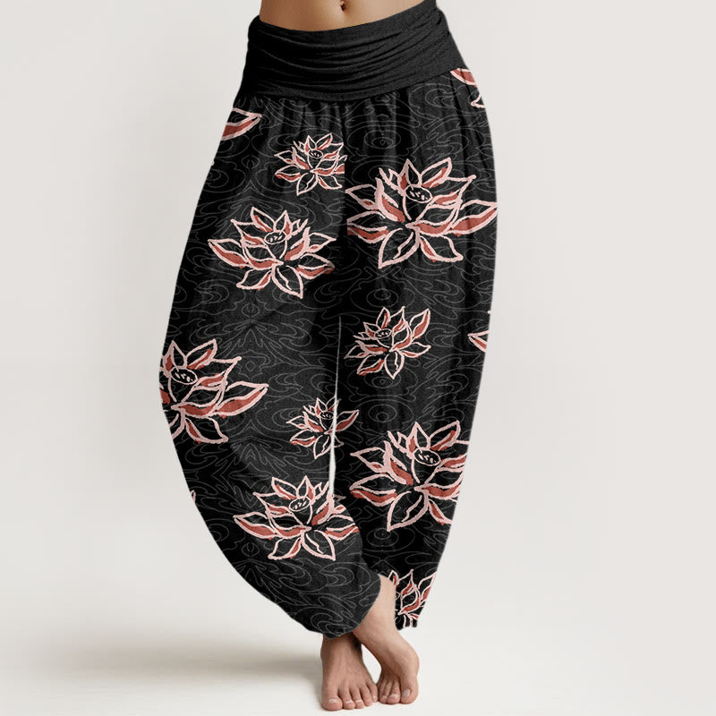 Cotton Casual Lotus Line Pattern Women's Elastic Waist Harem Pants