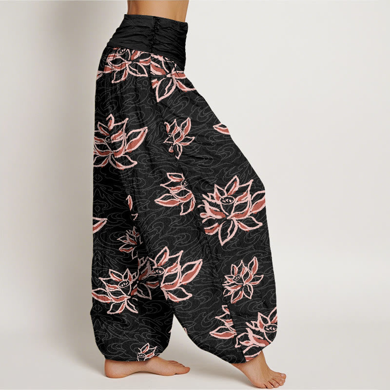Cotton Casual Lotus Line Pattern Women's Elastic Waist Harem Pants