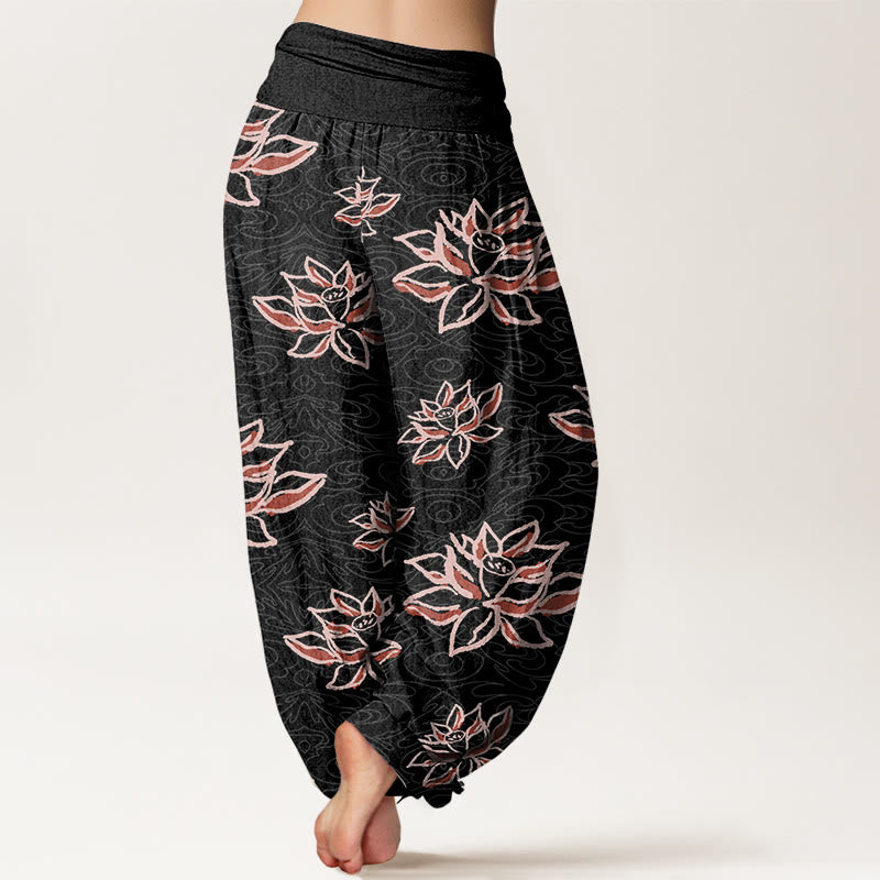 Cotton Casual Lotus Line Pattern Women's Elastic Waist Harem Pants
