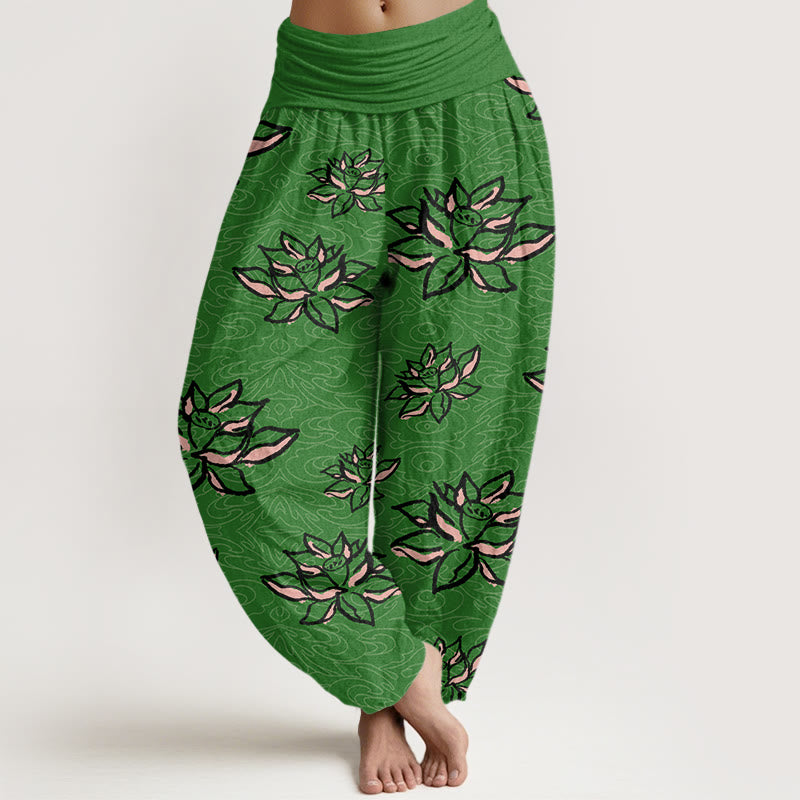 Cotton Casual Lotus Line Pattern Women's Elastic Waist Harem Pants