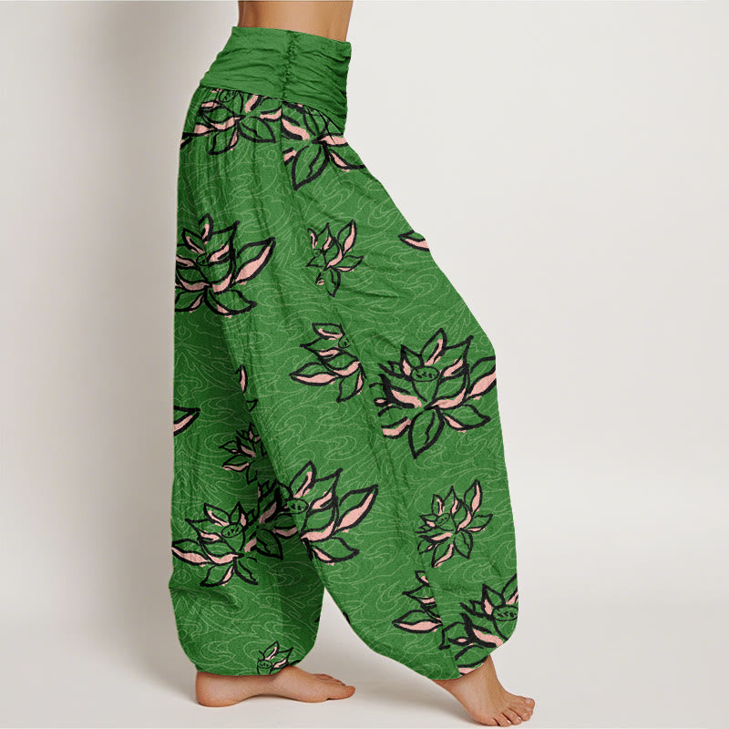 Cotton Casual Lotus Line Pattern Women's Elastic Waist Harem Pants