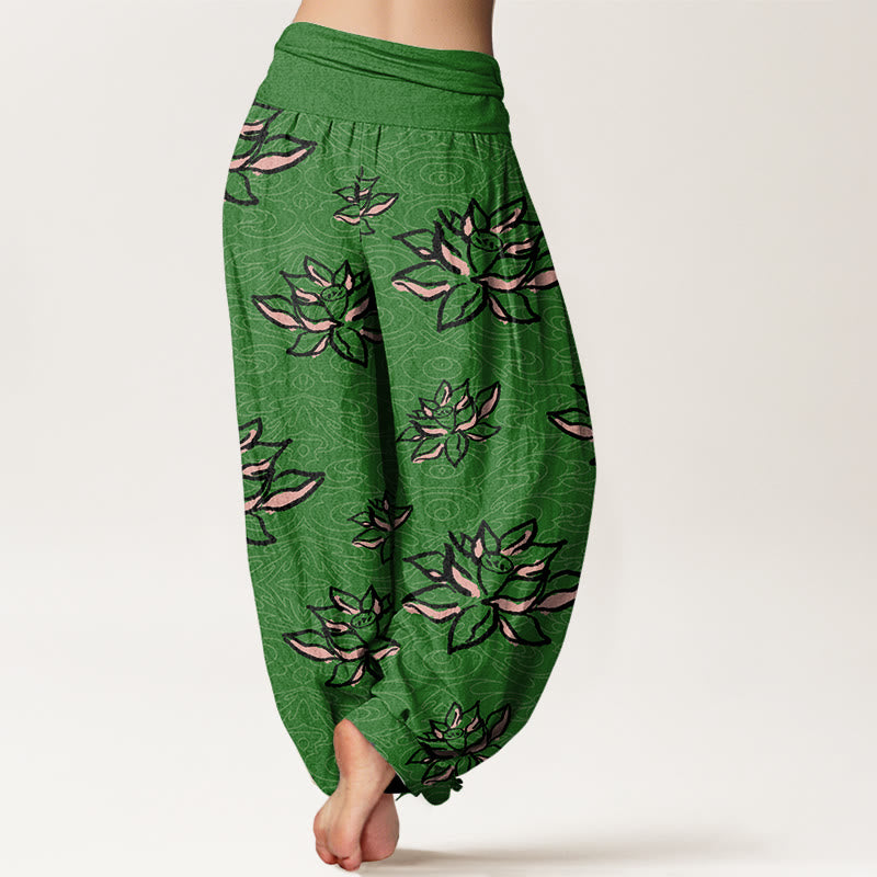 Cotton Casual Lotus Line Pattern Women's Elastic Waist Harem Pants
