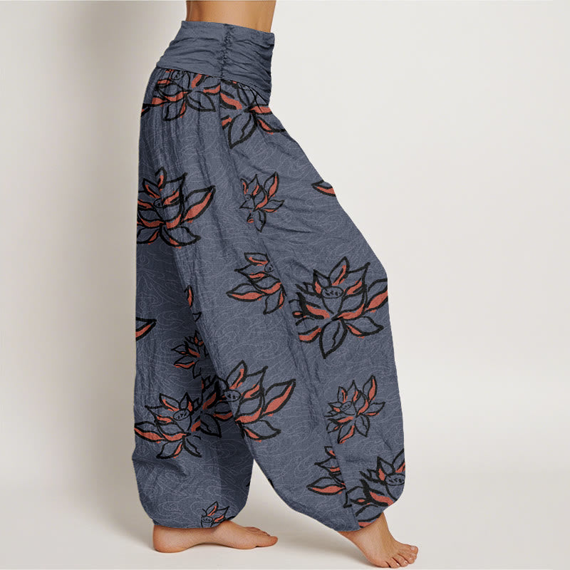 Cotton Casual Lotus Line Pattern Women's Elastic Waist Harem Pants