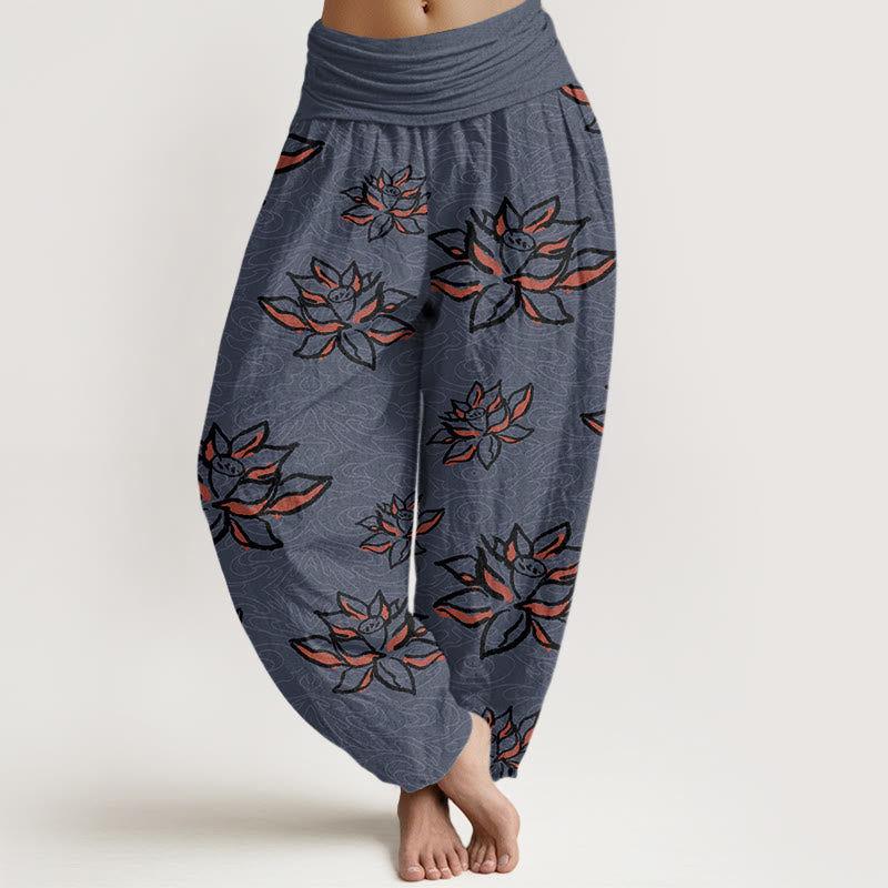 Cotton Casual Lotus Line Pattern Women's Elastic Waist Harem Pants