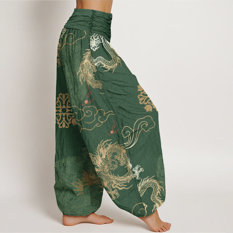 Cotton Dragon Print Pleated-Waist Grounding Harem Pants