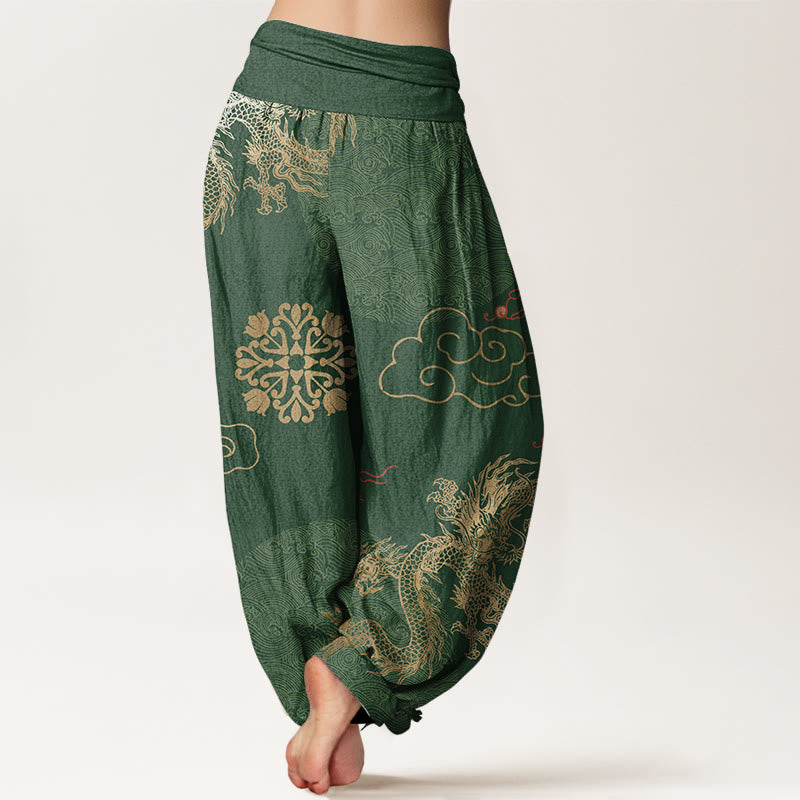 Cotton Dragon Print Pleated-Waist Grounding Harem Pants