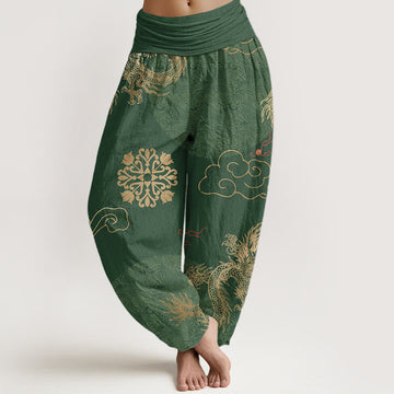 Cotton Dragon Print Pleated-Waist Grounding Harem Pants