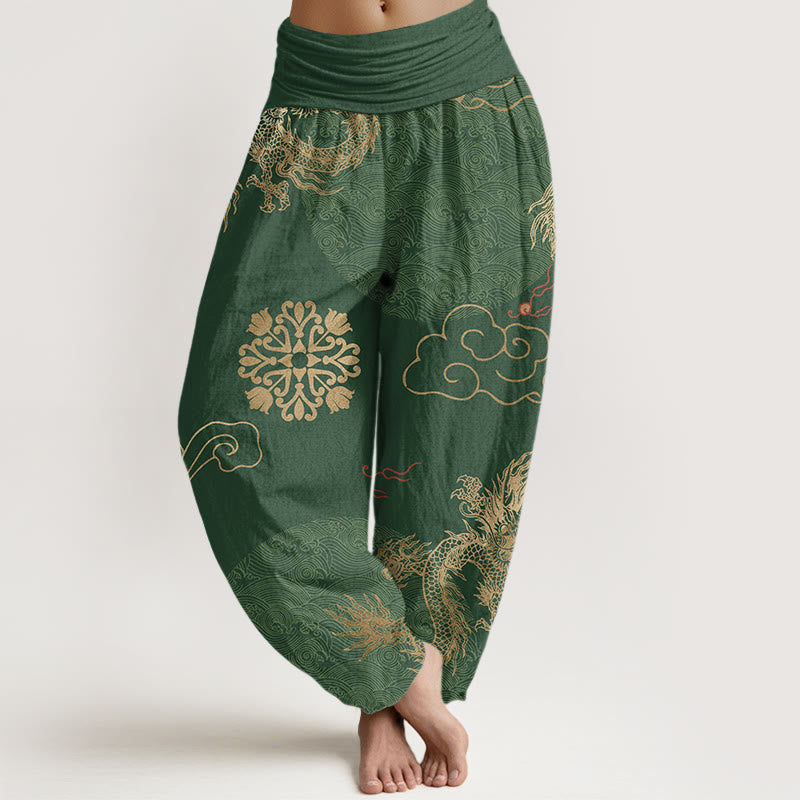 Cotton Dragon Print Pleated-Waist Grounding Harem Pants