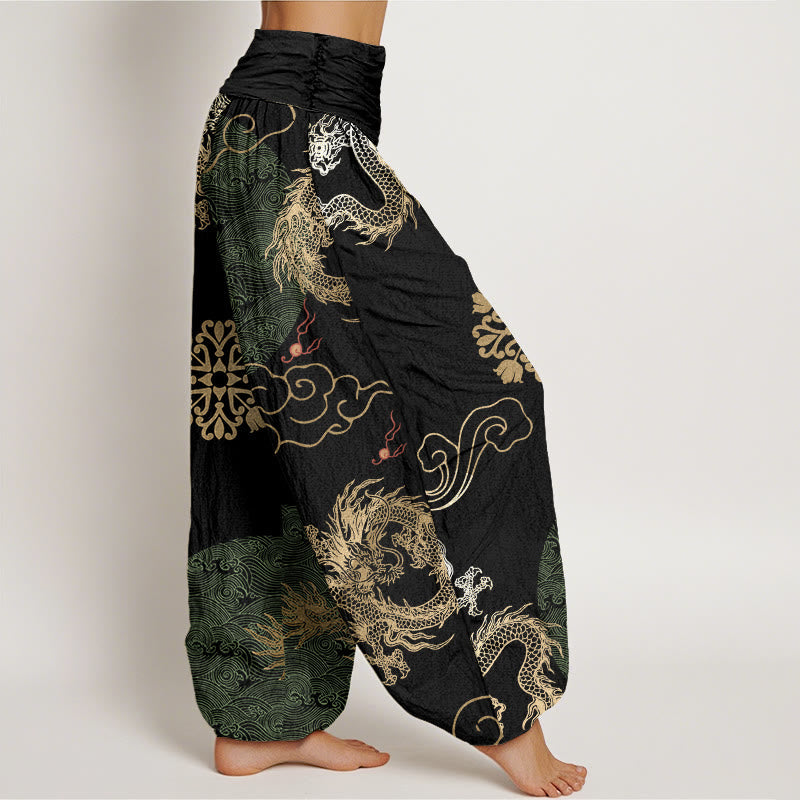 Cotton Dragon Print Pleated-Waist Grounding Harem Pants