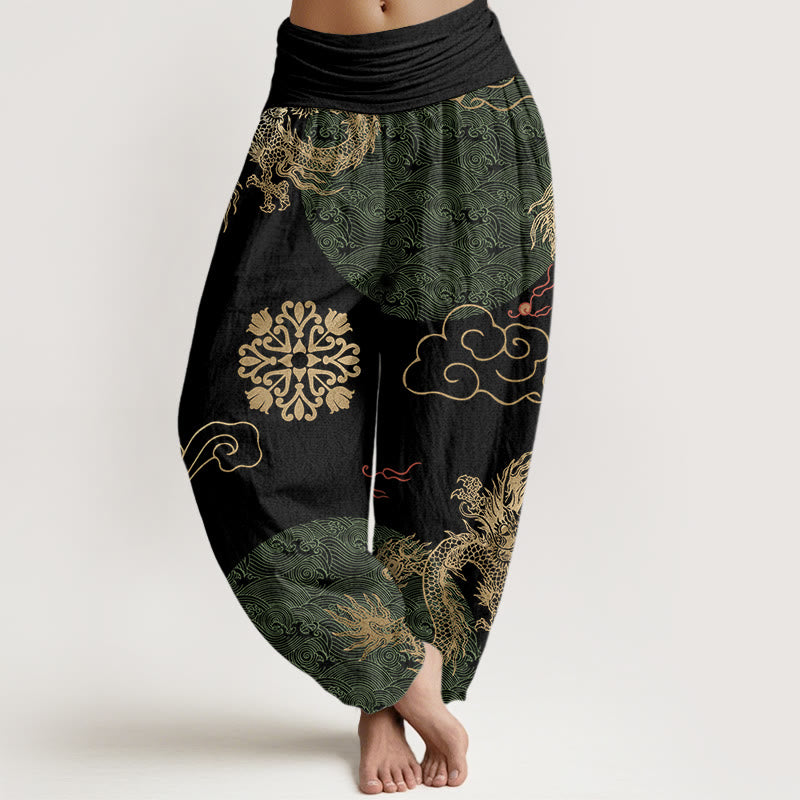 Cotton Dragon Print Pleated-Waist Grounding Harem Pants