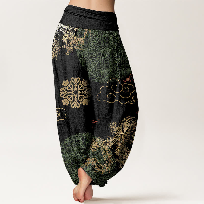 Cotton Dragon Print Pleated-Waist Grounding Harem Pants