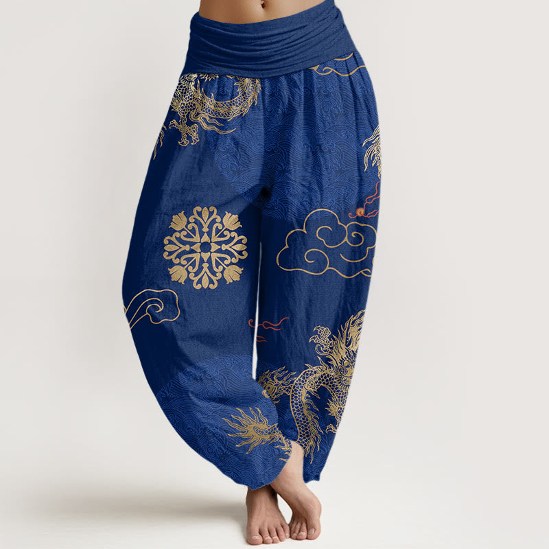 Cotton Dragon Print Pleated-Waist Grounding Harem Pants