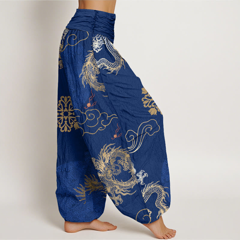 Cotton Dragon Print Pleated-Waist Grounding Harem Pants