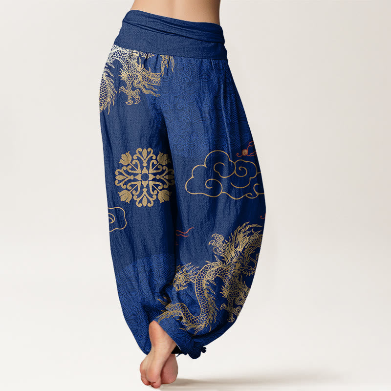 Cotton Dragon Print Pleated-Waist Grounding Harem Pants