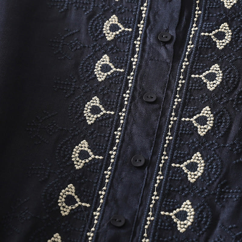 Cotton Linen Embroidered Stand Collar Mindful Shirt