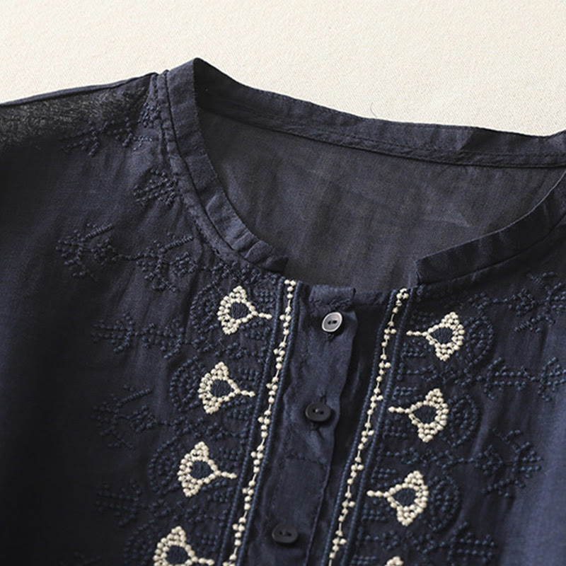 Cotton Linen Embroidered Stand Collar Mindful Shirt