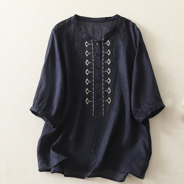 Cotton Linen Embroidered Stand Collar Mindful Shirt