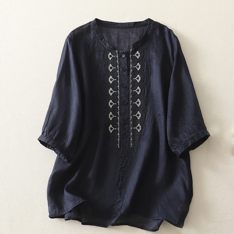 Cotton Linen Embroidered Stand Collar Mindful Shirt