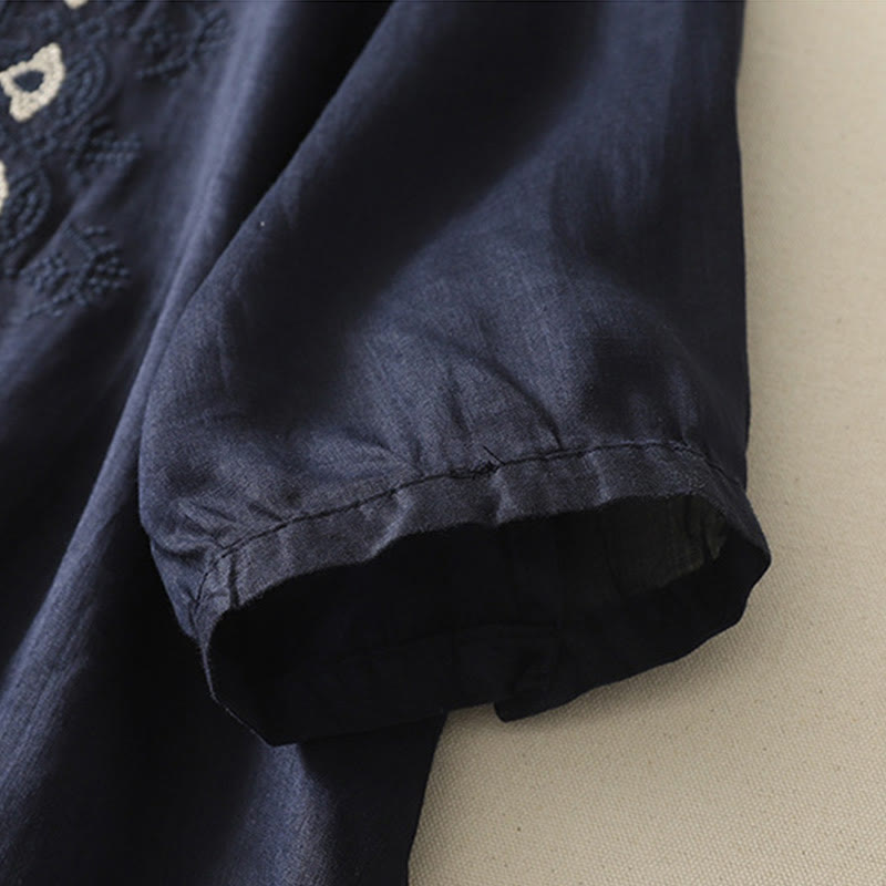 Cotton Linen Embroidered Stand Collar Mindful Shirt