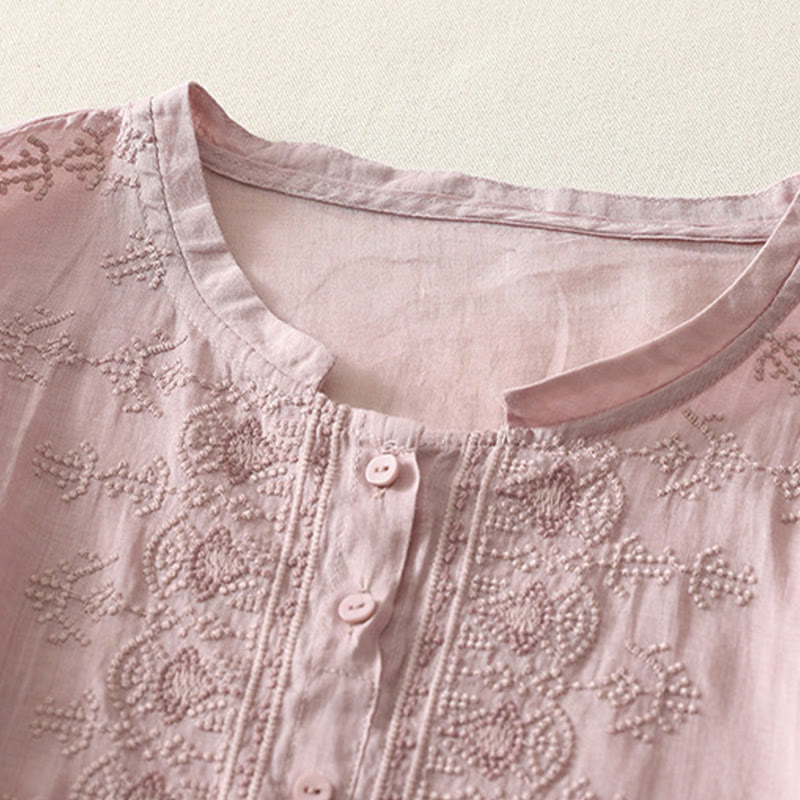 Cotton Linen Embroidered Stand Collar Mindful Shirt