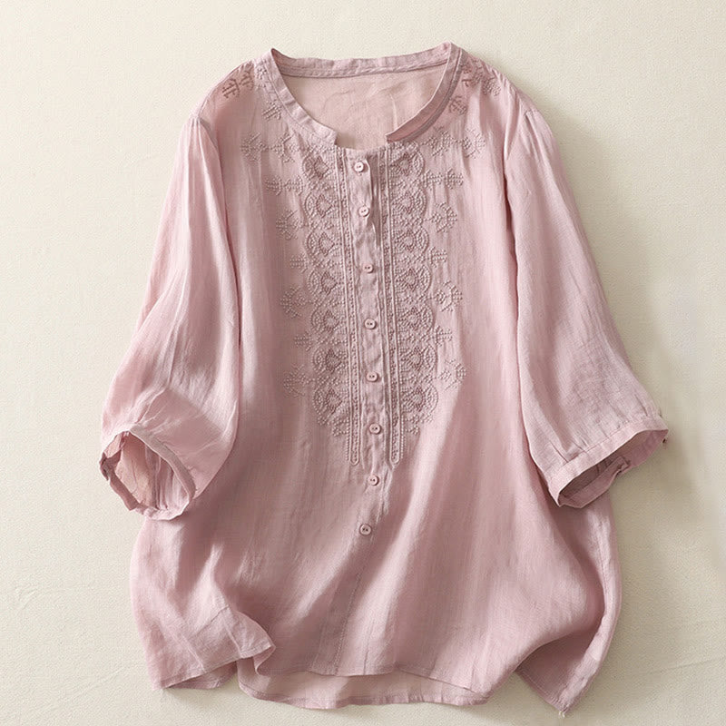 Cotton Linen Embroidered Stand Collar Mindful Shirt