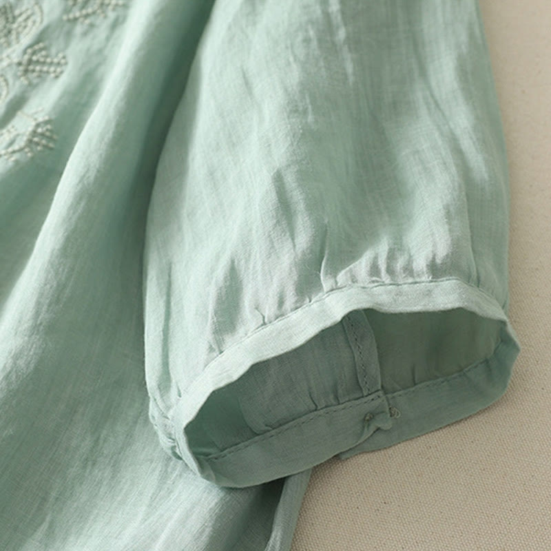 Cotton Linen Embroidered Stand Collar Mindful Shirt