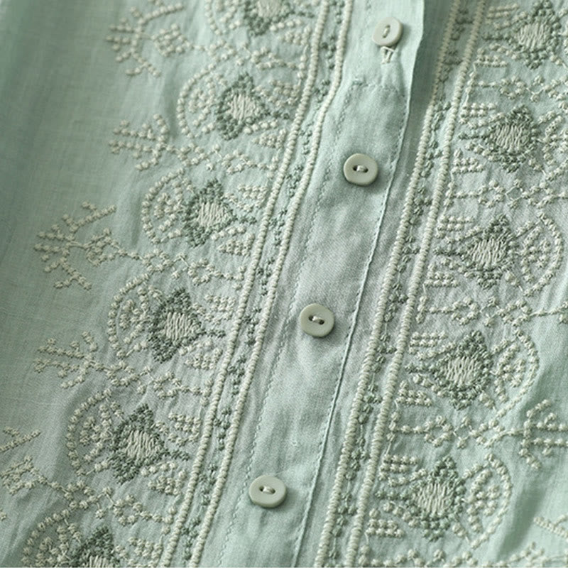 Cotton Linen Embroidered Stand Collar Mindful Shirt