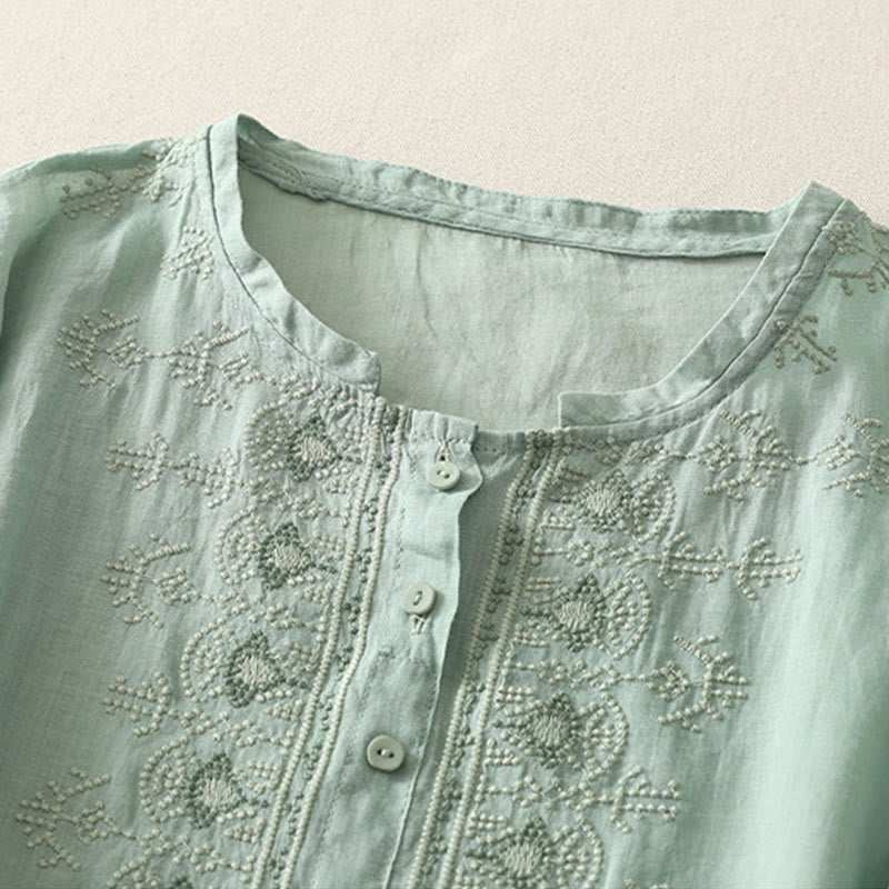 Cotton Linen Embroidered Stand Collar Mindful Shirt