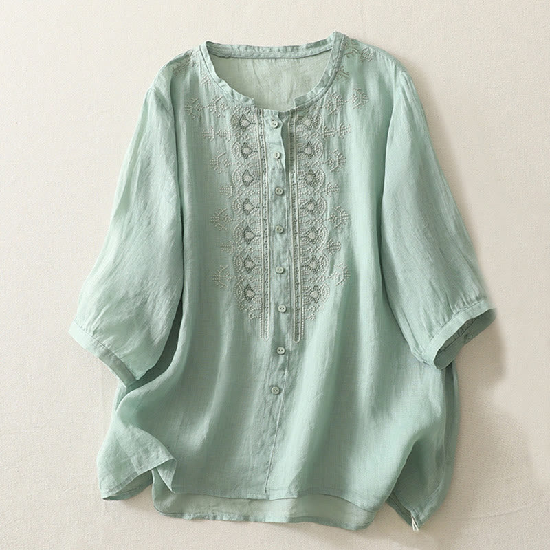 Cotton Linen Embroidered Stand Collar Mindful Shirt